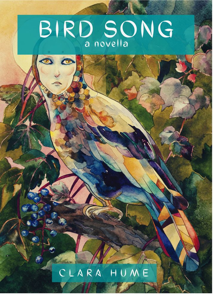 Colorful bird-woman in a tree with lots of foliage