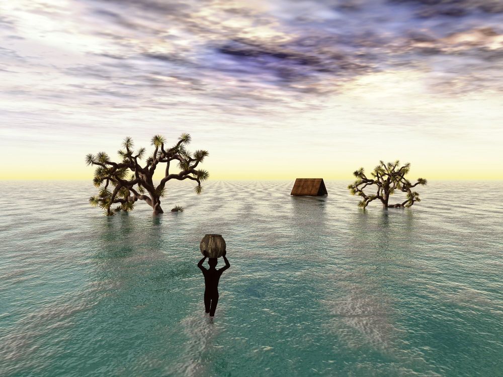 Unrelated to the contest, this image shows a person walking to their house in a flooded sea.