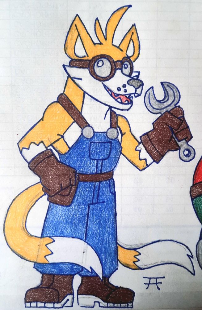 Miles "Tails" Prower 
White and Yellow fur with two tails that makes him able to fly
Blue overalls and brown gloves, boots, belt with a pocket, straps and googles 
Holding a grey wrench in his left hand