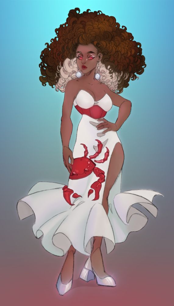 digital art of woman with big afro in white dress with crab reference