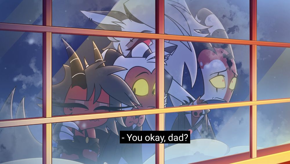 Screenshot from Helluva Boss episode Sinsmas, I.M.P. crew looking through a window, caption reads "You okay, dad?"