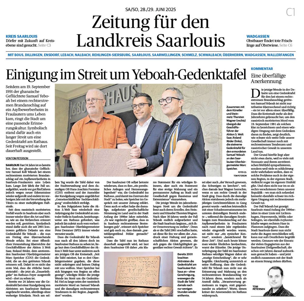 Artikel in der Saarbrücker Zeitung zur Gedenktafel für Samuel Yeboah.