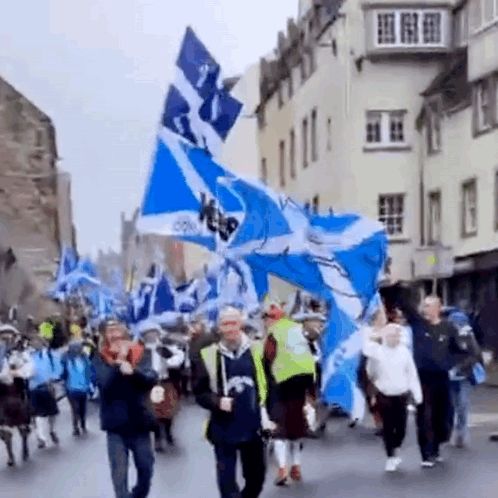 a group of people walking down a street holding flags .