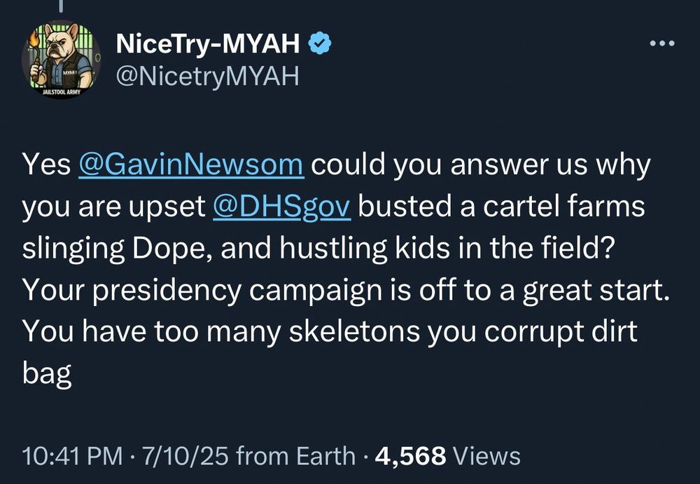 This might be a bot based on how much bullshit they're saying about a cartel and "hustling kids" in order to attack Gavin Newsom and again, justify tear-gassing children. By the way, there were no kids working at either farm, Rodney Scott or whatever his name is made that shit up as a distraction. Again, not that it would fucking matter anyways because why would it be better to MACE A KID if he had a job???? And there's no cartel, it's California, those cannabis farms were legal and operating like literally every other farm in the state.