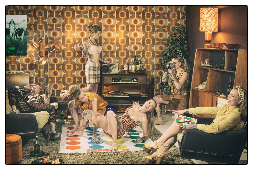 Seventies montage with 1 model playing Twister
