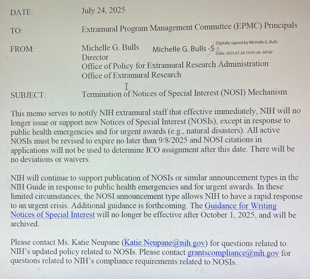 A memo from Michelle Bulls to NIH Extramural Staff indicating that Notices of Special Interest will no longer be issues except in emergencies.