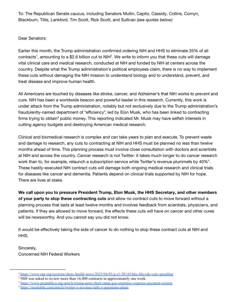 A letter to Republican Senators from concerned federal workers at NIH.