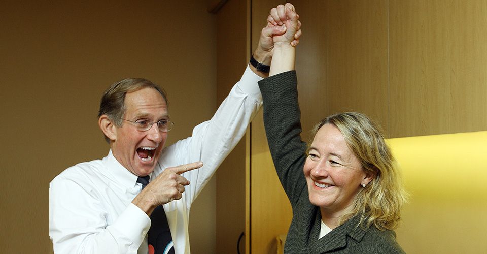 Carol Greider with Peter Agre on the day Carol learned she was receiving a Nobel Prize