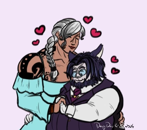 Drawing of Stone with Dasi'li, hugging and holding hands