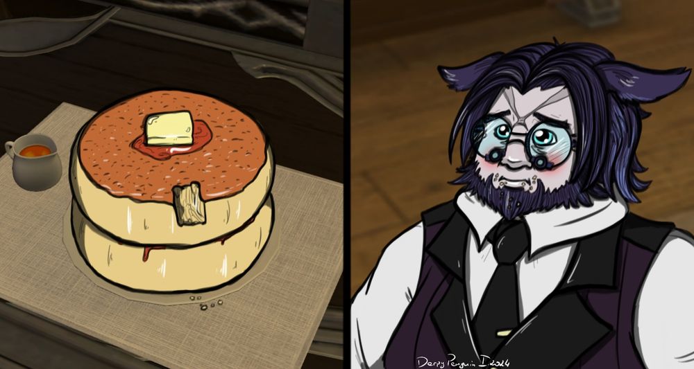 Drawing of fluffy pancakes with visible bite mark on one side.
On other - Dasi'li being all embarrassed, with visible on his beard lil crumbs of chomped pancakes. Culprit found.