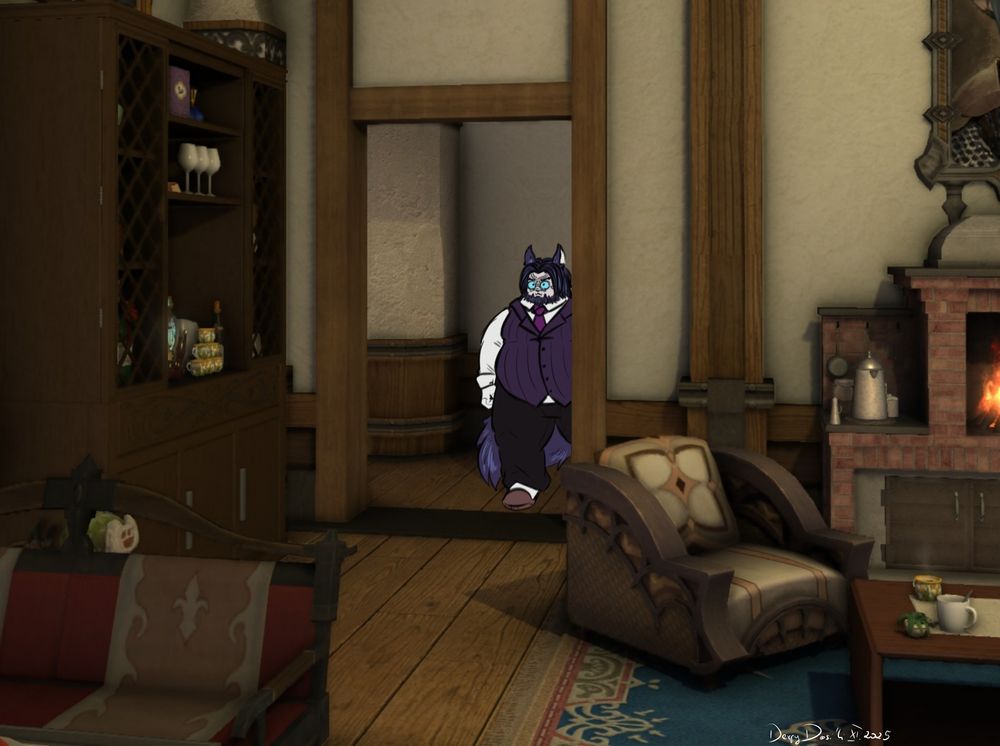 Screenshot from FFXIV game, showing doorframe to the basement in Stone and Dasi'li's house. Dasi'li came in, standing in the doorframe, being called by the legendary "pspspspsps" call.