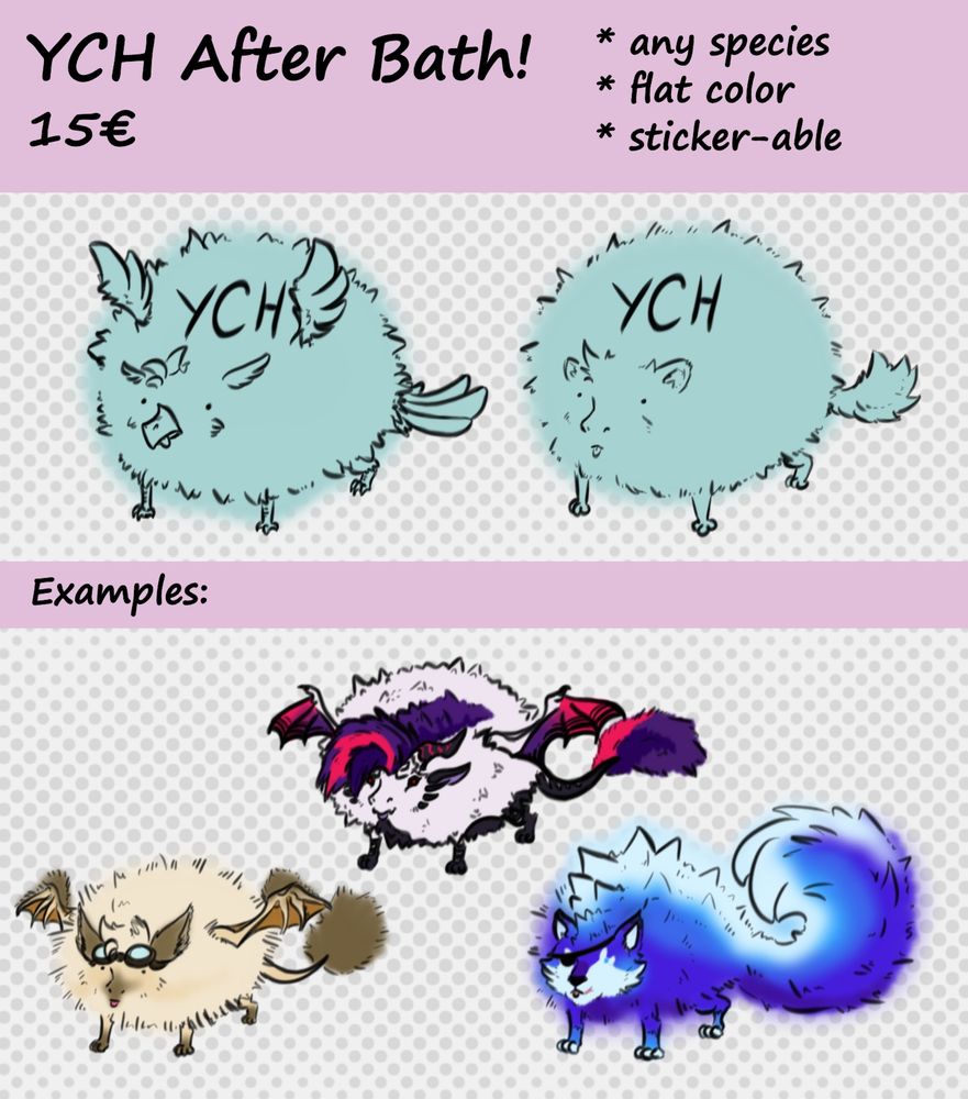 Information on my first YCH with doodle drawings of After-Bath Fluffy Floofs.