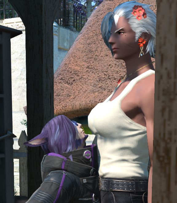Small screenshot from FFXIV game, showing the height difference between Dasi'li and Stone.
He's very smoll (even when he's having max Miqo'te height), as he's barely reaching Stone's chest.