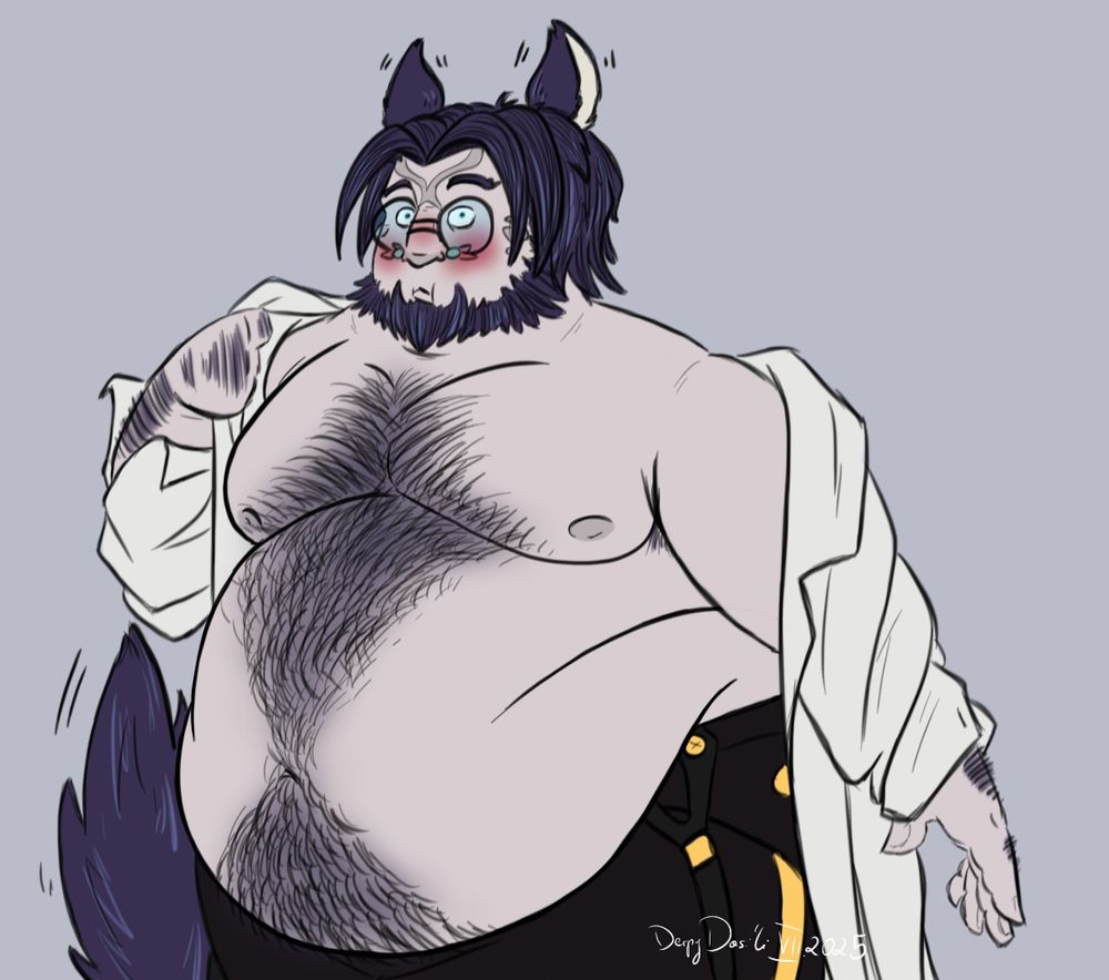 Drawing of Dasi'li in middle of dressing up, half-way putting his shirt on while he got surprised by Stone. Drawing shows his body and chest uncovered. Needles to say - Dasi'li is very blushing here.