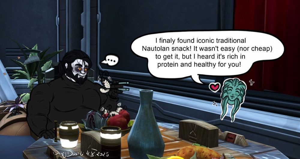 Drawing of Darth Margal, questioning and unsure if he should try "iconic Nautolan" snack provided by Nhadin - which is wriggling big hand-sized larvae. Featuring in-game screenshot showing part of dining table in Darth's apartament.