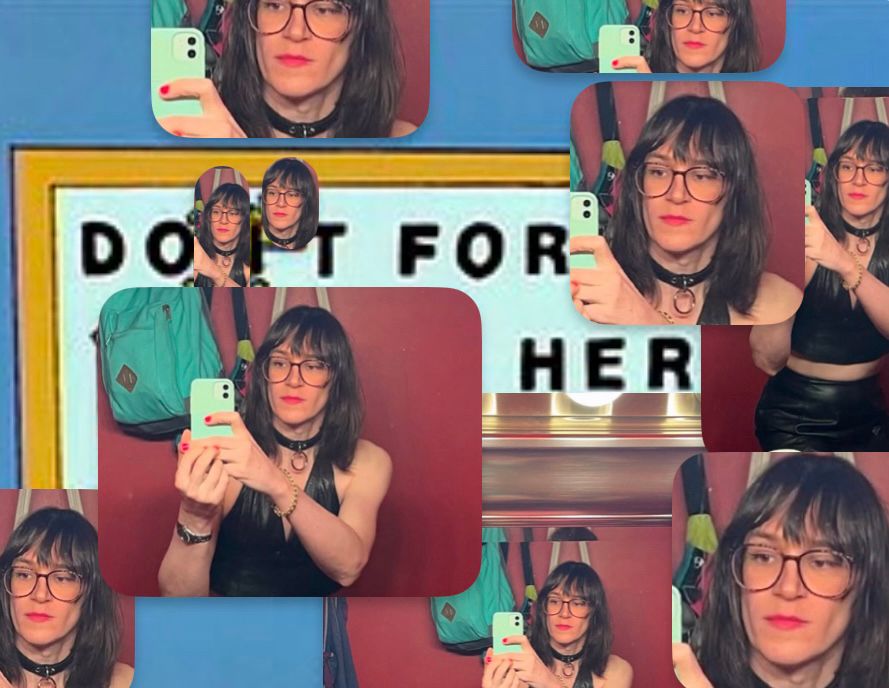 Screenshot from an episode of The Simpsons where Homer covers up a sign at work that reads “DON’T FORGET: YOU’RE HERE FOREVER.” strategically with photos of his baby Maggie so the sign reads “DO IT FOR HER”, but I have replaced all the photos of Maggie with various sizes and different crops of the same selfie of Jay where she has a black leather mini skirt, halter top, and collar on. She’s also wearing glasses and has long brown hair with bangs and pink nail polish on and red lipstick. Jay looks extremely attractive in the photo. 