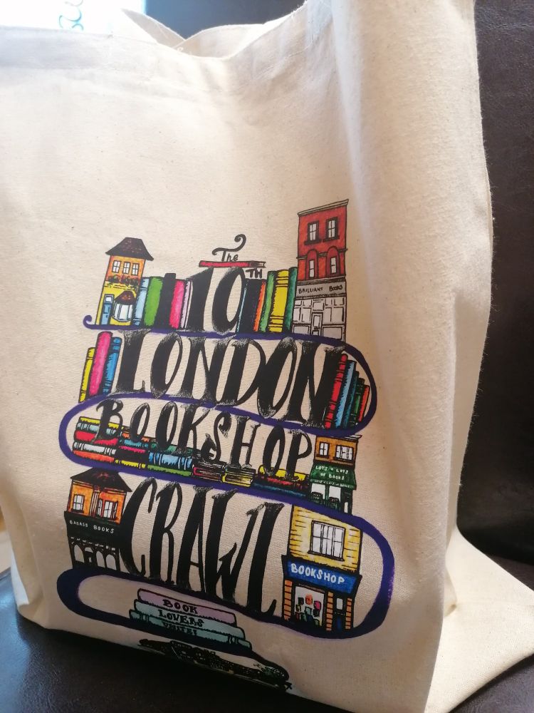 A tote bag with the 10th London Bookshop Crawl logo 