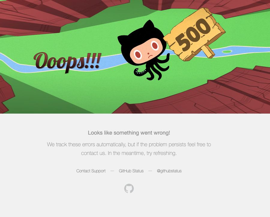 Cartoon-style GitHub error page showing the Octocat character holding a wooden sign that reads “500” while floating down a river. The word “Ooops!!!” appears in large text on the left, indicating a server error with a message below stating something went wrong and offering support options.