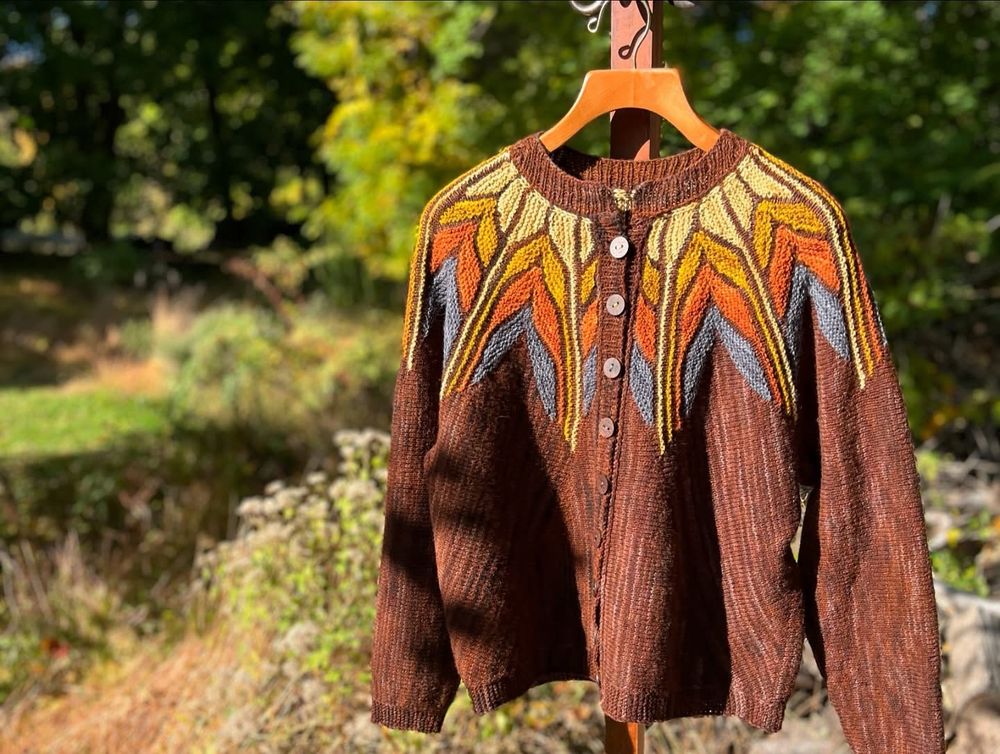 A cardigan sweater is hung an a coatrack outdoors. The front is visible with round wooden buttons. Green foliage is in the background. The sweater is hand knit sideways and uses a series of short row shapes for both the yoke motif and body panels.

All of the yarn is by Plied Yarn Company in their North Ave Fingering. The main body is their tonal brown, while the yoke is done in tonal orange, yellow, beige, and slate blue.

#knitting #knitsky #knittersofbluesky #woldten



 