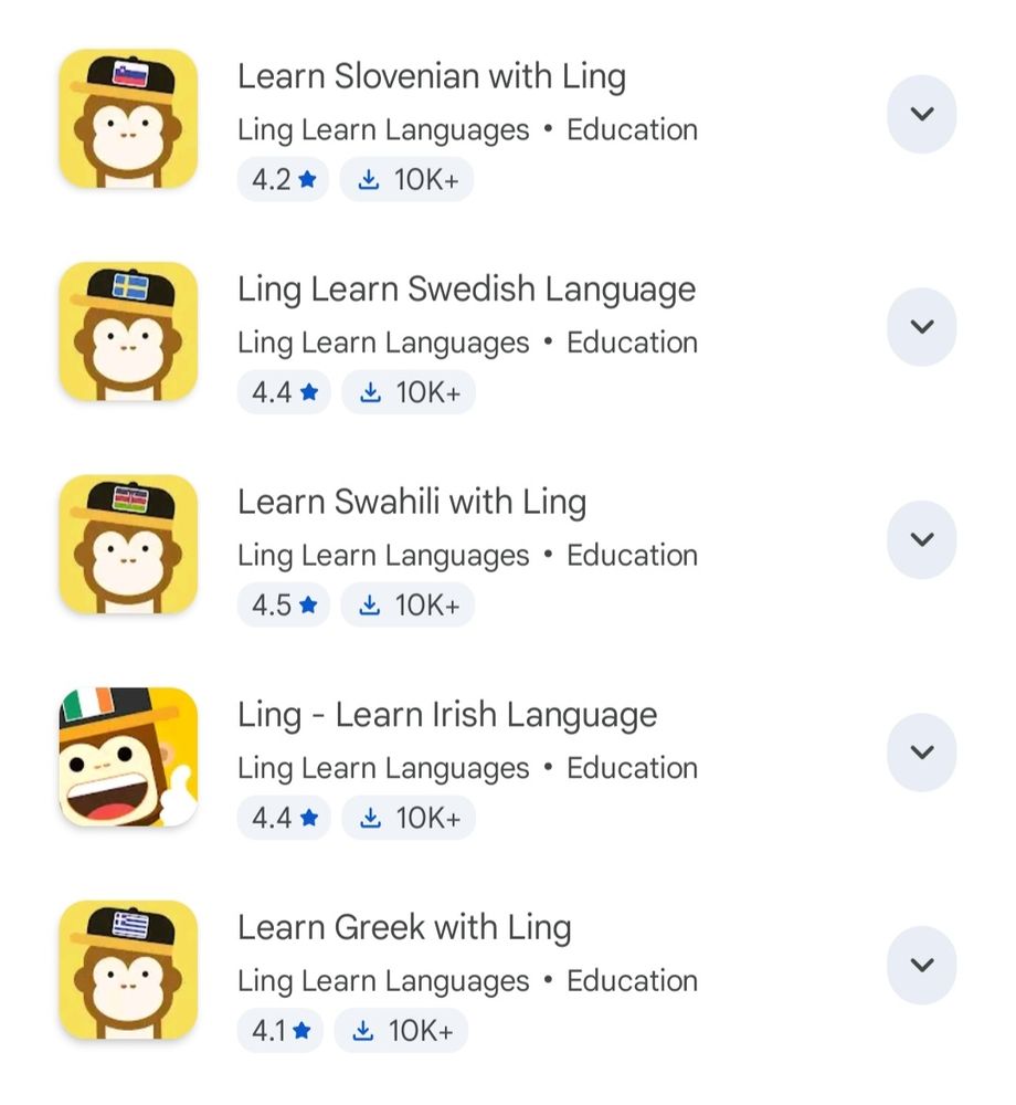 Thumbnails of cartoon monkeys for different languages on a teaching app. They all have blank expressions, except the Irish guy who is beaming and giving a thumbs up