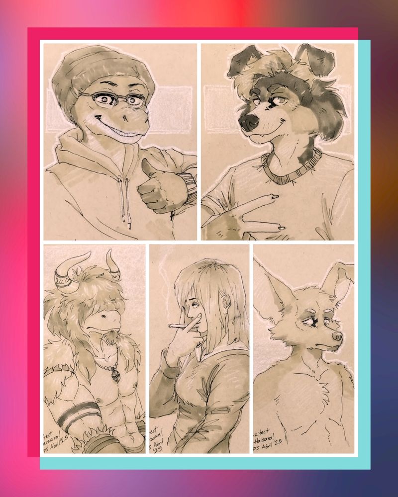 A collage of hand drawn furry sketches on tan-toned paper.
