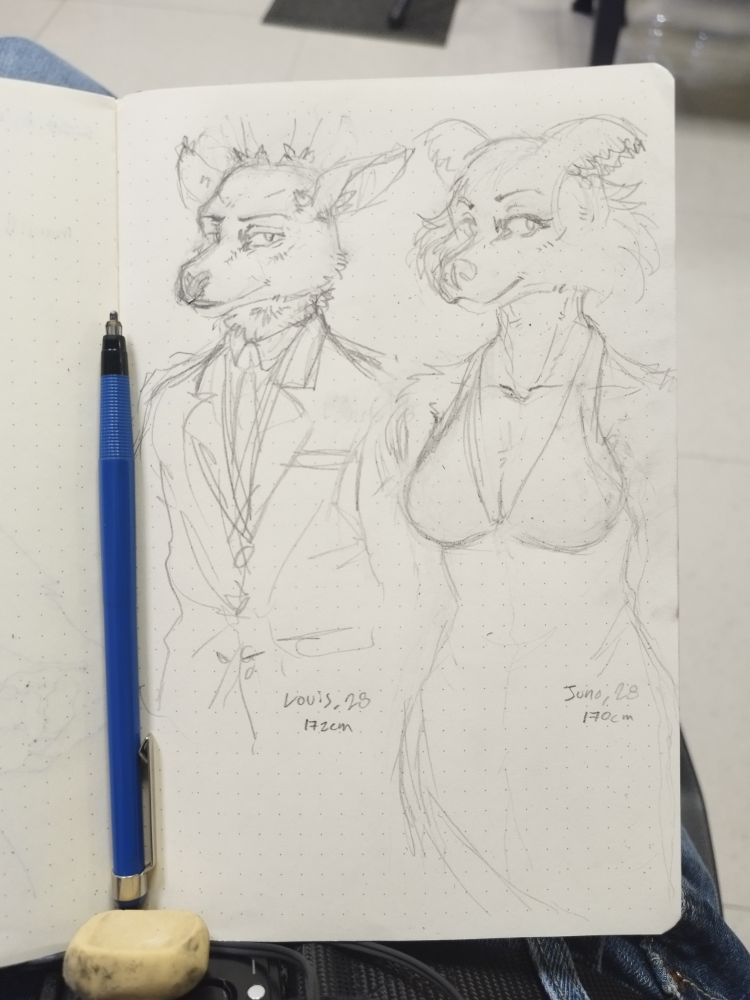 Sketch of Louis and Juno from Beastars, in formal dress, looking a little older.