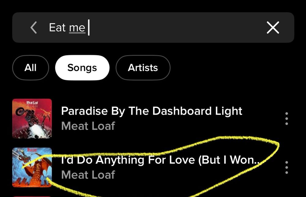 ‹ Eat me|
All
Songs
Artists
Mkat Loar
Paradise By The Dashboard Light
Meat Loaf
I'd Do Anything For Love (But I Won.
Meat Loaf