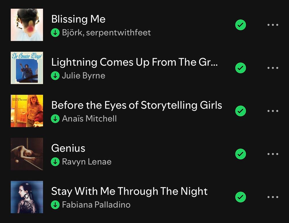Screenshot of my Your Tops Songs 2024, displaying the bottom five songs: Blissing Me by Björk and serpentwithfeet, Lightning Comes Up From The Ground by Julie Byrne, Before the Eyes of Storytelling Girls by Anaïs Mitchell, Genius by Ravyn Lenae, and Stay With Me Through The Night by Fabiana Palladino