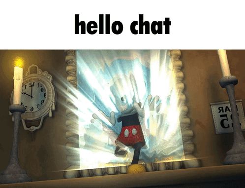 a cartoon of mickey mouse standing in front of a mirror with the words hello chat above him