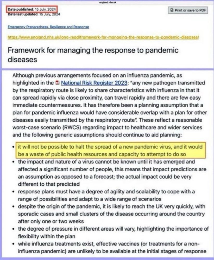 Excerpt from NHS England’s strategy for managing future pandemics saying: "It will not be possible to halt the spread of a new pandemic virus, and it would be a waste of public health resources and capacity to attempt to do so".