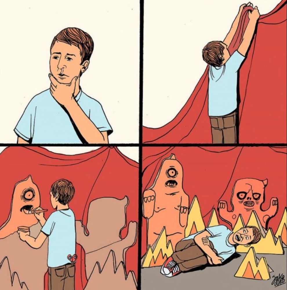 Four panel cartoon. Youth looking into distance, scratching chin. Youth hanging up red background sheet. Youth is setting up and painting cardboard demons and flames. Youth rolling on the ground, curled and looking in terror at the demons he created.