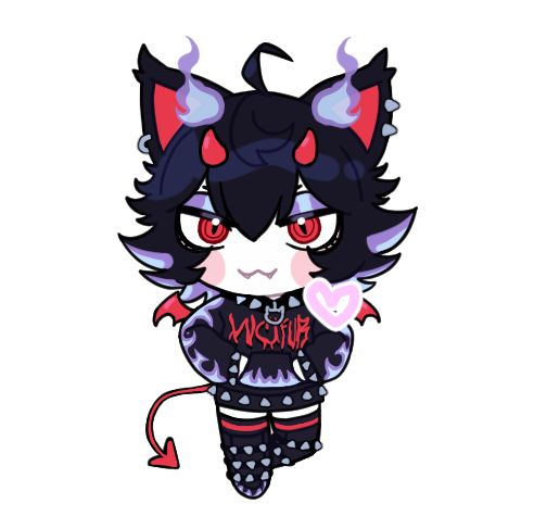 Chibi style digital drawing of a character with messy black hair, cat ears, and little red devil horns and tail. Their hair and clothes have blue and purple highlights like flames all throughout. They have two flames on their head, and spiked boots.