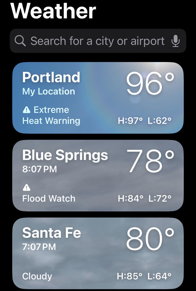 Portland
96°

Blue Springs
78°
Flood Watch

Santa Fe
80°
