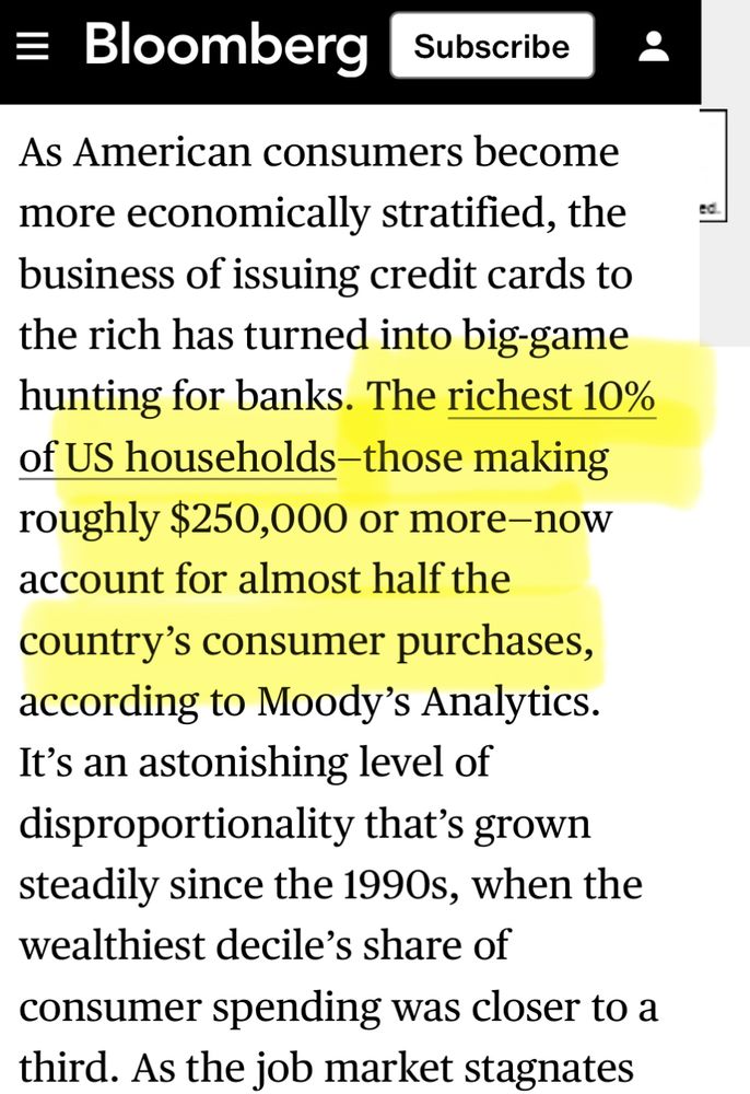 Bloomberg

As American consumers become more economically stratified, the business of issuing credit cards to the rich has turned into big-game hunting for banks. The richest 10% of US households-those making roughly $250,000 or more-now account for almost half the country's consumer purchases, according to Moody's Analytics.
It's an astonishing level of disproportionality that's grown steadily since the 1990s, when the wealthiest decile's share of consumer spending was closer to a third.