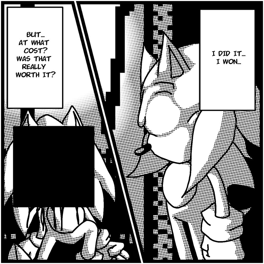 Akai, standing in front of a player's body, looking down at him. 

Akai: "I did it... I won... But... At what cost? Was that really worth it?"