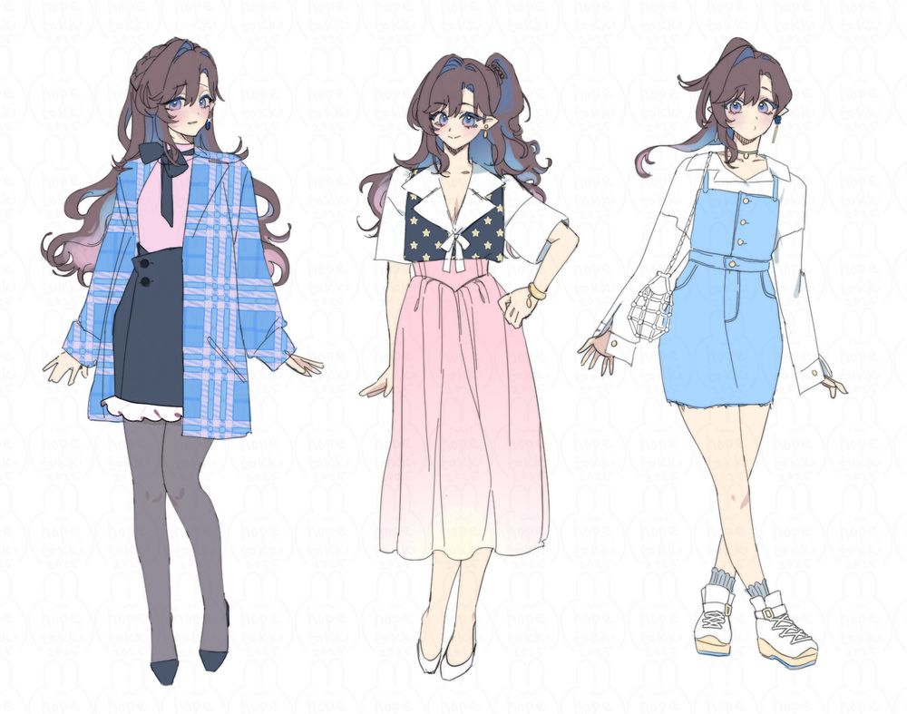 Illustration of my oc Estreya in three different outfits. Fullbody, flat color style. From left to right is a date night outfit, her work attire, and a casual fit!