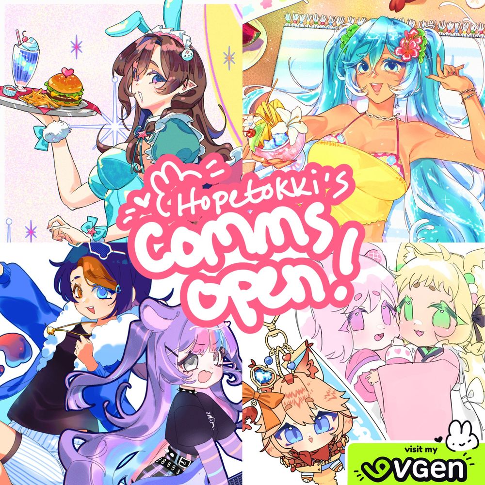 Banner showcases an array of my illustrations (anime style artwork and chibis) and announcing my commissions are open. Through Vgen only!