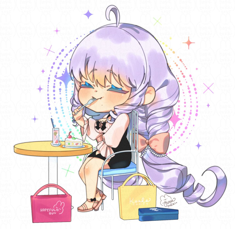 Illustration of chubbikoala's OC, Princess, enjoying a fruit cream cake and a fruity drink; taking a break from a shopping spree. She has long silvery purple hair in curly loose braids and a pink and black girly outfit adorned with bows and pearls.