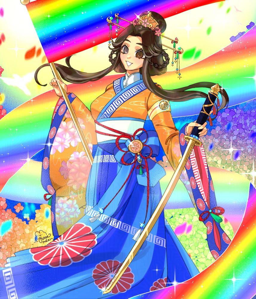 My illustration for Victory's DTIYS features their oc, Chiyoko. She is wearing a beautiful hakama kimono in the colors orange and blue. It has a cherry blossom motif on the sleeves, an abstract traditional Japanese cloud pattern throughout the top, and a red blossom pattern on the blue trim and skirt. Her obi is adorned with a gold flower medallion and jewels. She has a flower-encrusted hair piece.

She smiles brightly and holds a golden sword in her left hand and a pride flag in her right hand. Its held up high and it flows around her and the entire image similar to a long dancing ribbon.

There are colorful flowers behind her and lots of sparkles everywhere.