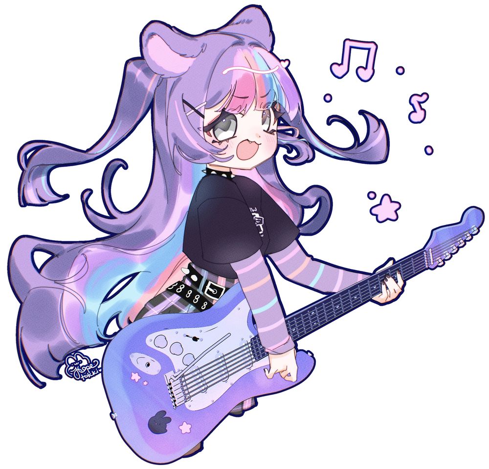 Chibi illustration of ReiiKyuun's (Artfight) OC, Willow. A pastel pallete of purple, blue, and pink. She is a Ghostie (kemonomimi species) with cute punk clothing who is a guitarist in a rock band. She's playing her guitar and rocking out~