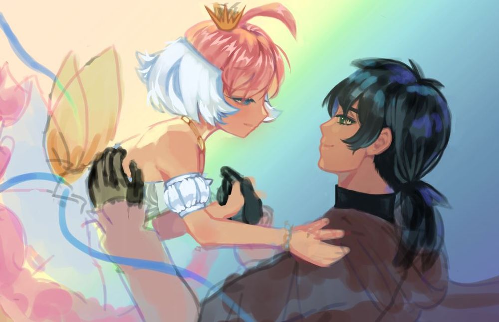 Sketchy colored fanart of Ahiru (left) and Fakir (right) from Princess Tutu, embracing lovingly.
