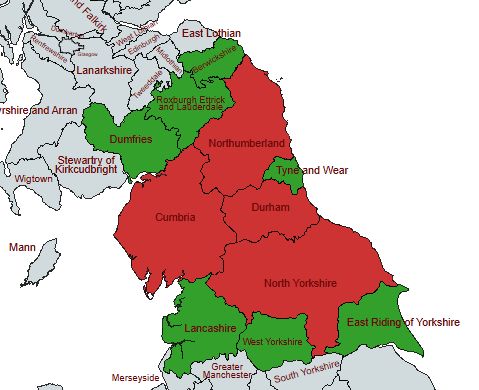 Map of the north uk. Cumbria, Durham Northumberland and North Yorkshire are red, bordering counties are green.