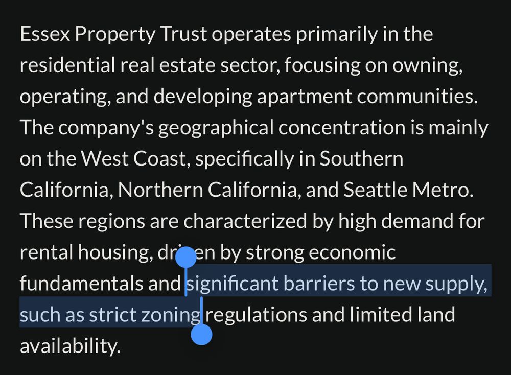 Essex Property Trust operates primarily in the residential real estate sector, focusing on owning, operating, and developing apartment communities. The company's geographical concentration is mainly on the West Coast, specifically in Southern California, Northern California, and Seattle Metro. These regions are characterized by high demand for rental housing, driven by strong economic fundamentals and significant barriers to new supply, such as strict zoning regulations and limited land availability.