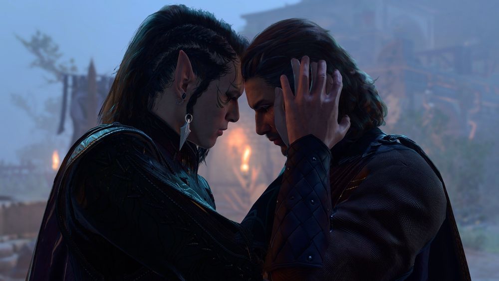 Baldurs Gate 3 Tav named Vaizen. A light skinned High elf Necromancer with dark hair adourned in braids on one side and green facial tattoos around their eyes. They are caressing Gales face.