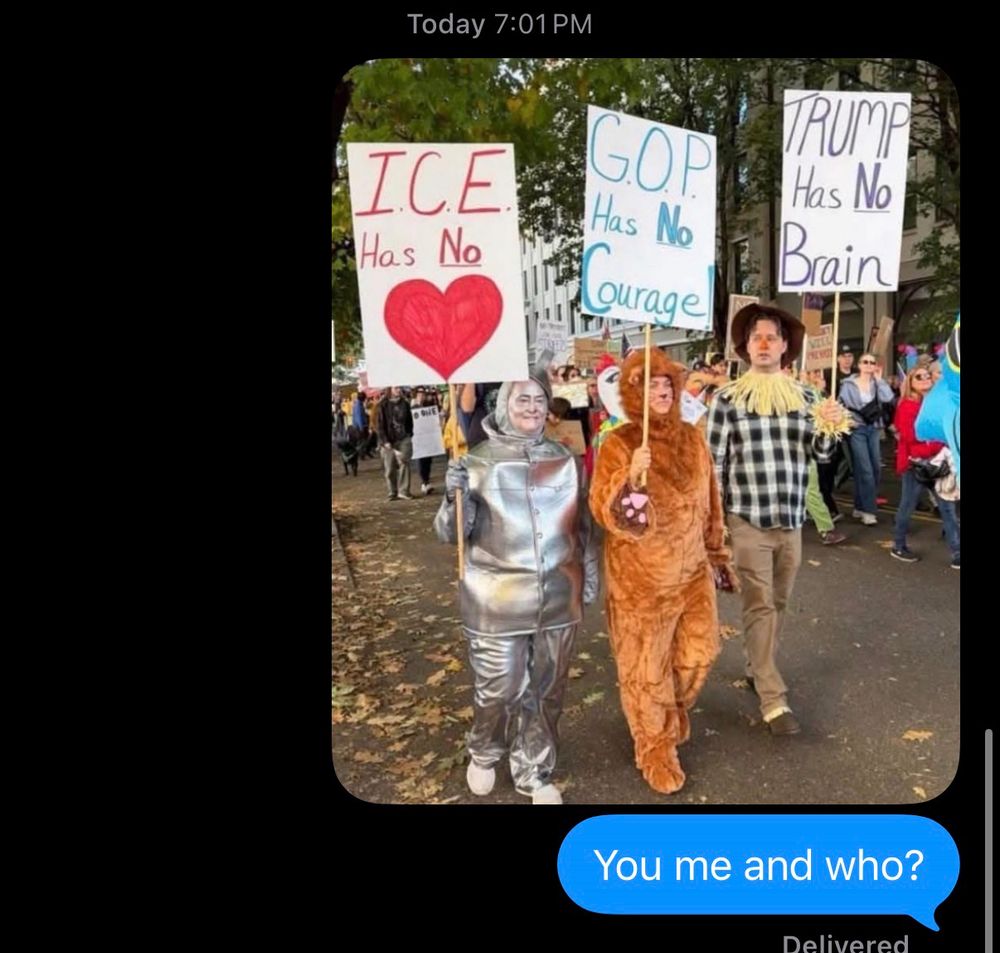 Me texting a friend to pick a third for the tin man lion and scarecrow trio for protesting