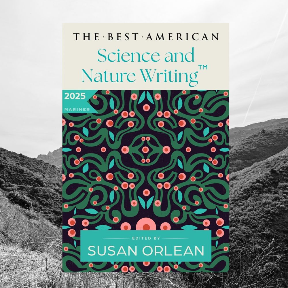 The cover of The Best American Science and Nature writing, with an abstract green pattern