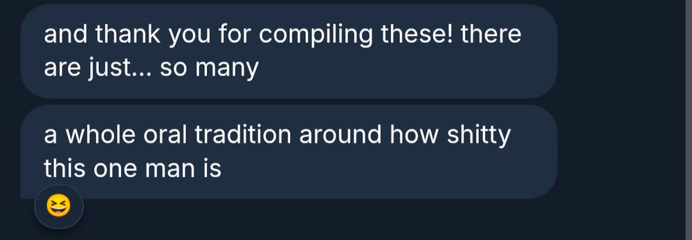 A DM that says "thank you for compiling these [stories of how shitty Jim Watson was]. A whole oral tradition around how shitty this one man is"