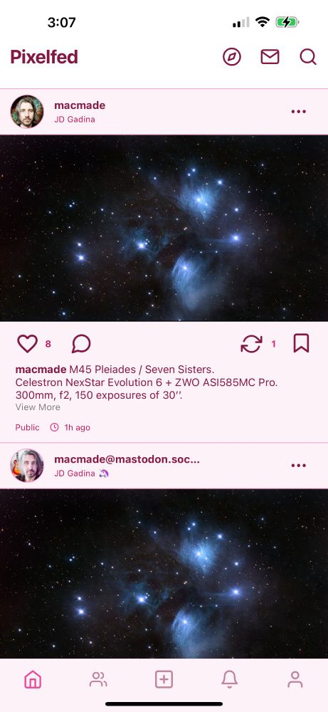 Pixelfed app with Pink mode theme
