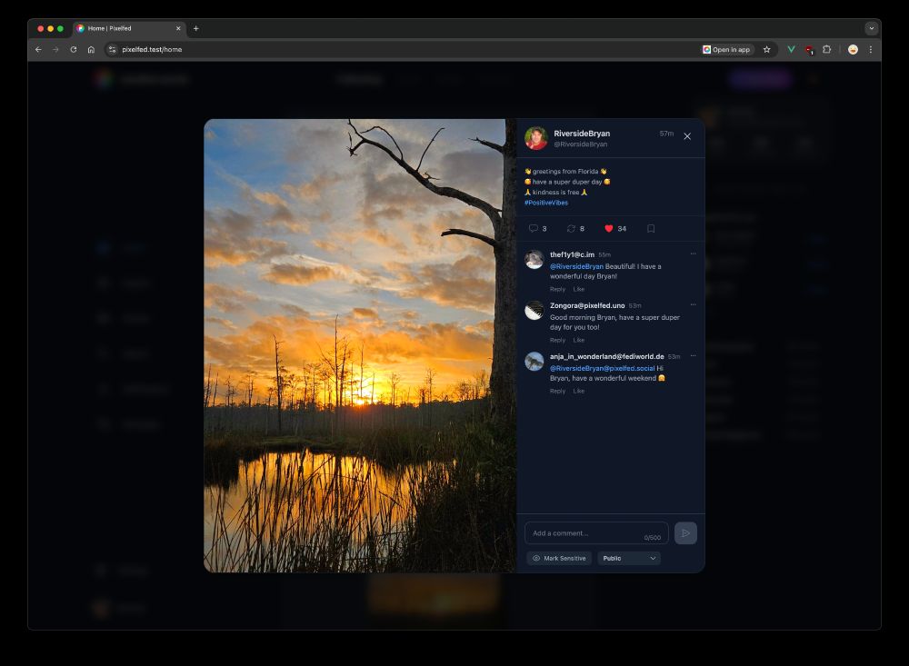 New Pixelfed web UI in dark mode