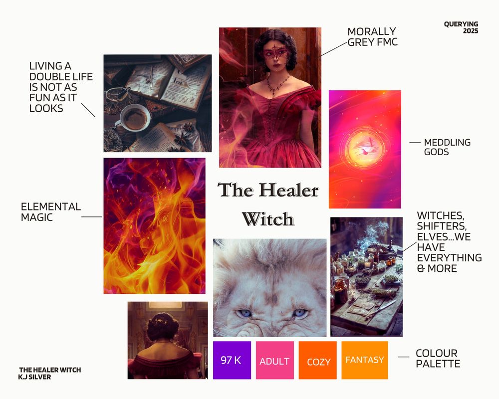 The Healer Witch - moodboard 
Text: Living a double life is not as fun as it looks. Morally grey FMC. Elemental Magic. Meddling Gods. Witches, shifters, elves, we have everything & more. Inside the colour palette squares: 97K Adult Cozy Fantasy 
Pictures are (top-bottom, left-right): an array of books and papers and a coffee/tea, the picture of Deva Cassel in her role in The Leopard that I have edited on Canva and put a mask over her eyes. orange and purple flames over a dark background. A white lion's face. A table full of potions and herbs. A picture of Deva Cassel in her role in The Leopard, she is giving the audience her back. 